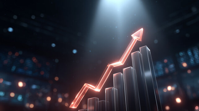 Glowing Red Arrow Rising Above Bar Chart Symbolizing Financial Growth
