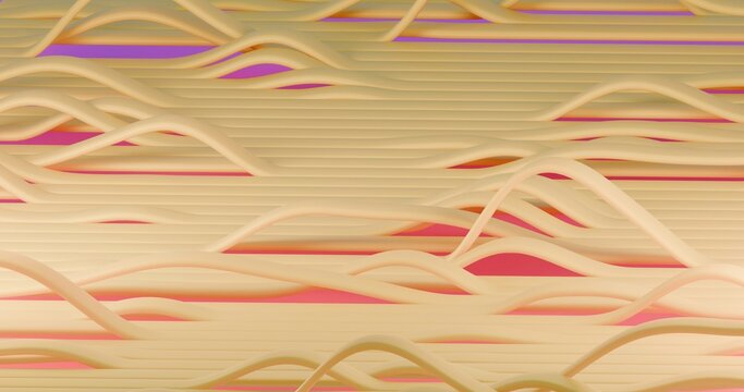 Render 3D com linhas/fitas curvas em tom creme formando ondas e camadas sobre gradiente rosa e roxo. Visual minimalista e suave