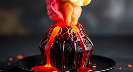 Gourmet chocolate lava cake designed as an erupting volcano with glowing magma sauce and a plume of colorful ice cream scoops