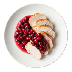 Sliced Roasted Turkey Breast with Cranberry Sauce on White Plate Overhead View