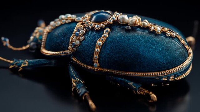 Ornate blue jewel beetle, adorned with gold filigree, pearls, and gems on dark background