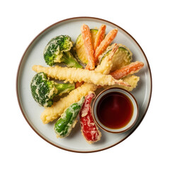 Overhead View of a Plate with Crispy Tempura Vegetables including Shrimp and Dipping Sauce Against Transparent Background