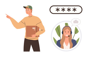 Delivery man holding package pointing, customer support agent wearing headset, visible password field. Ideal for logistics, e-commerce, customer service, technology, security communication trust. A