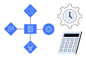 Clock within gear, document, lightbulb, people, and calculator interconnected by lines. Ideal for teamwork, time management, productivity, financial planning project management innovation