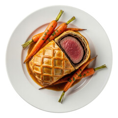 Overhead View Of Beef Wellington Served On A White Plate With Roasted Carrots And Brown Sauce Isolated On Transparent Background