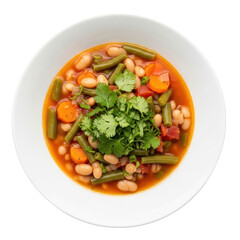 Overhead View of Cooked Vegetable Soup with Green Beans Carrots Cilantro and White Beans in White Bowl