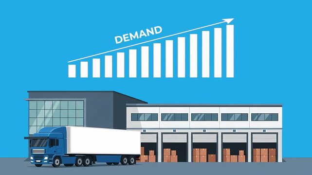 Animated flat vector illustration of supply chain truck and warehouse with demand chart. Moving banner