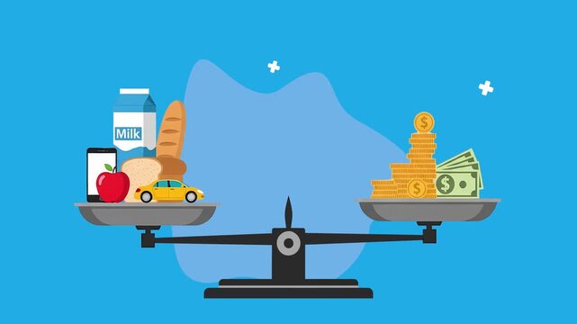 Animated flat vector illustration of supply and demand scale balance with products and money. Moving Banner