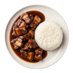 Overhead View of Cooked Pork and White Rice on a Round Plate in Brown Sauce against Transparent Background