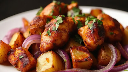 Close-up Delicious Roasted Chicken Dish with Potato and Onion Serving