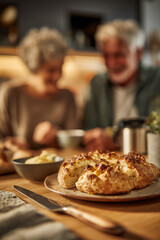 Naklejka premium Fresh Homemade Bread on Table with Elderly Couple Enjoying Breakfast in Background 