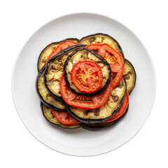 Overhead View of Arranged Sliced Eggplant and Tomato on a White Plate Against Black Background