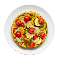 Colorful Vegetable Frittata On White Plate With Transparent Background Showing Sliced Tomatoes Zucchini Onions And Peppers