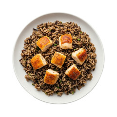 Overhead View of a Gourmet Meal with Roasted Chicken Bites and Wild Rice Served on a White Plate Against a Transparent Background
