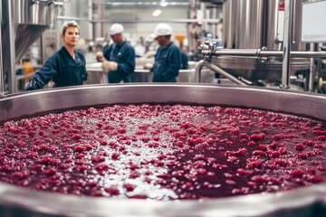 Paint factory manually mixing large vats of paint, using industrial mixers to blend pigments and base materials