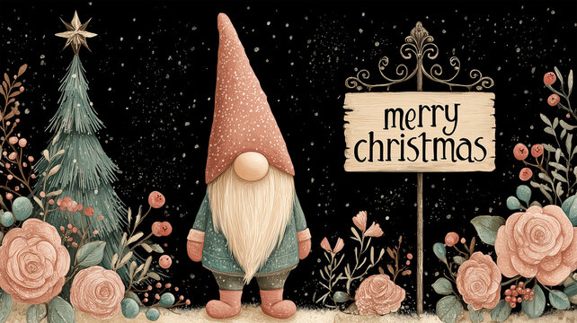 クリスマスのノームと花飾り看板イラスト