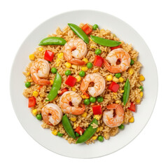 Overhead View of Shrimp Fried Rice on a White Plate Featuring Colorful Vegetables and Cooked Shrimp against Transparent Background
