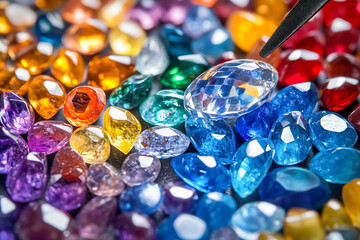 Gemstone grading, with gemologists examining and assessing quality factors like color, clarity, and cut