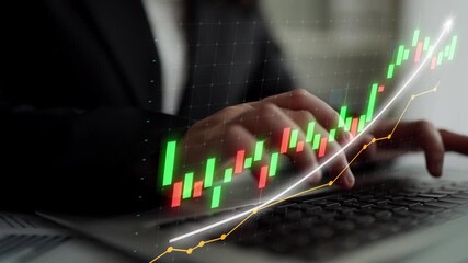 A business professional examines financial data on a laptop with a stock market chart displayed, showcasing investment opportunities and market trends in a contemporary office setting. Copula - Powered by Adobe
