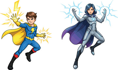 Cartoon superhero boy and girl with lightning powers, children fantasy comic illustration, colorful kids action adventure art