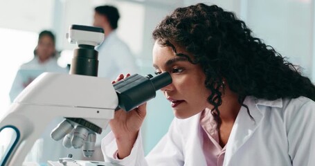 Research, science and woman with smile, microscope and breakthrough with study for vaccine. Happy person, solution and scientist in lab, equipment and biotech with test and analytics for dna sample - Powered by Adobe