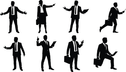 Business silhouettes, office professionals, corporate teamwork, leadership presentation, financial success, workplace communication, professional staff, business illustration set