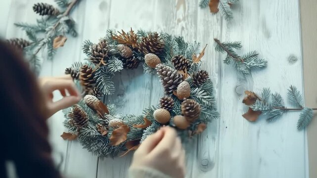 Hands decorating frosted pine cone Christmas wreath with evergreen branches and dried leaves on rustic wooden table, holiday crafting close up