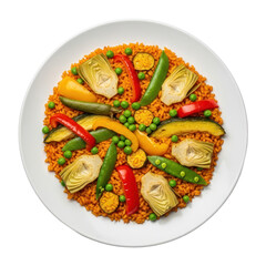 Overhead View of Paella with Assorted Cooked Vegetables and Rice on a White Plate