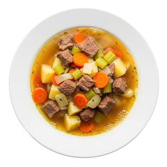 Overhead View of a Hearty Beef Stew Soup in a White Bowl with Transparent Background Featuring Cubed Beef Potatoes Carrots and Celery