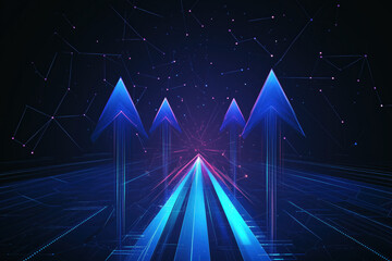 Diagonal stream of growth Up arrows in blue futuristic style on dark technology background with glowing dots or stars. Low poly wireframe high-speed arrows that are flying up