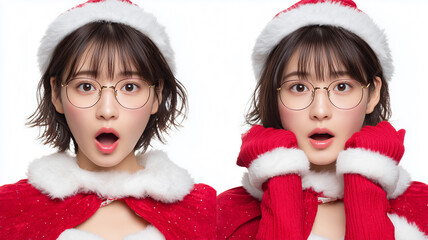 女性がサンタ姿で驚き顔見せ