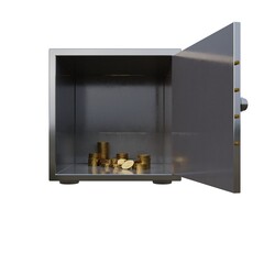3D render of an open metal safe containing stacks of shiny golden coins, symbolizing wealth, savings, financial security, investment, and banking protection.