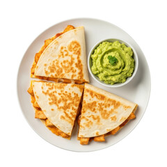 Delicious Quesadillas With Guacamole Appetizer On A White Plate, Isolated On Transparent Background