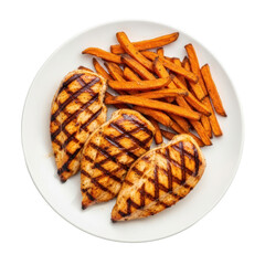 Grilled Chicken Breasts And Sweet Potato Fries On White Plate Viewed From Above