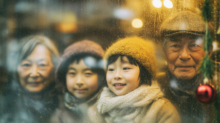 クリスマスに祖父母と孫が覗き込む