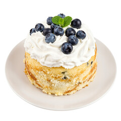 Delicious Layered Blueberry Cake With White Whipped Cream And Fresh Mint Garnishing on a White Plate with Transparent Background