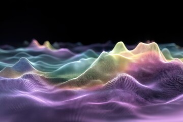 Abstract landscape with colorful wavy patterns resembling mountain peaks. The gradient of colors includes purple, blue, pink, and yellow, creating a vibrant, surreal digital terrain