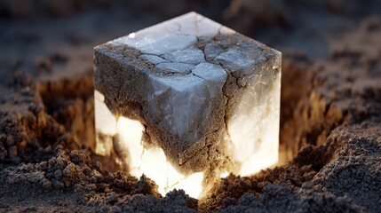 A glowing cube with a cracked surface is partially buried in textured soil, emanating a warm light that illuminates the surrounding earth and highlights its intricate patterns