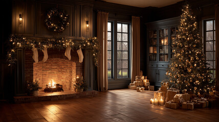 Fototapeta premium クリスマスの暖炉と輝くツリー