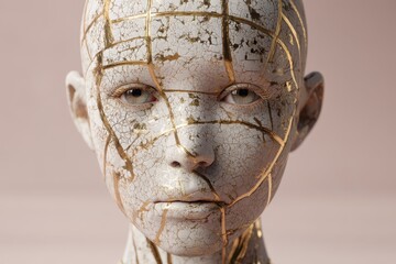 A sculpture of a human face with cracked surface features gold fills in the cracks, embodying a blend of fragility and resilience. The expression is neutral with a contemplative gaze