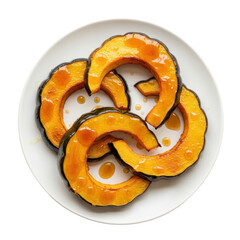 Overhead View of Roasted Pumpkin Slices on White Plate with Caramel Drizzle and Transparent Background