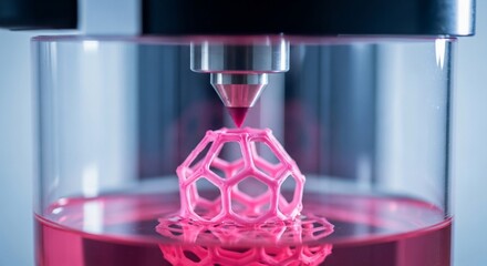 Advanced 3D printer creating intricate pink geometric object in liquid bath, showcasing cutting edge manufacturing and innovative design possibilities