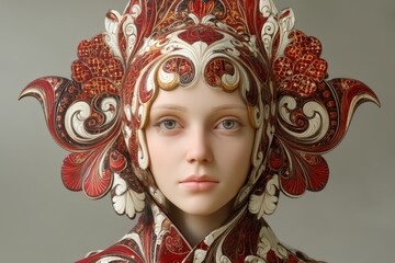 Intricate headpiece with red, white patterns frames a serene woman's face, embodying elegance and art. The detailed design evokes a sense of cultural richness and ornate beauty