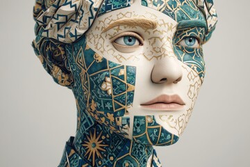 A ceramic-like human face with detailed blue and tan patterns resembling traditional tiles. The intricate design covers both face and head, creating an artistic and surreal appearance