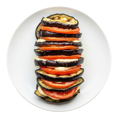 Stacked Eggplant And Tomato Slices On A White Plate Against A Transparent Background Overhead Shot Of Delicious Vegetarian Dish