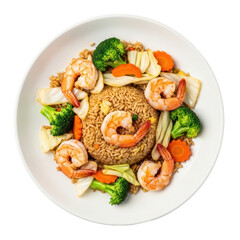 Overhead View of Shrimp Fried Rice Dish with Broccoli Carrots and Cabbage on a White Plate Isolated against a Transparent Background