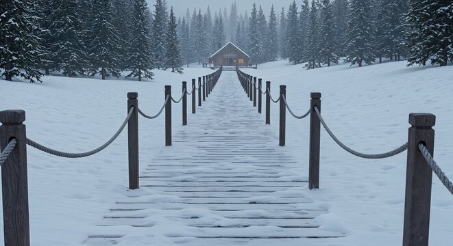 A snow-covered wooden boardwalk with rope railings leads through a serene winter forest towards a cozy cabin glowing warmly in the distance under a soft, overcast sky. - Powered by Adobe