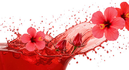 Vibrant Red Hibiscus Flowers And Liquid Splash On Transparent Background