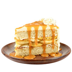 Delicious Layered Banana Cake Slice with Caramel Drizzle and Whipped Cream Isolated on a Plate Showing a Sweet Dessert