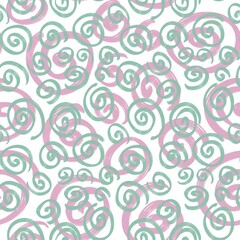 Seamless abstract geometric pattern. Background in green, pink, white. Illustration. Lines, meanders, circles. Design for textile fabrics, wrapping paper, background, wallpaper, cover.